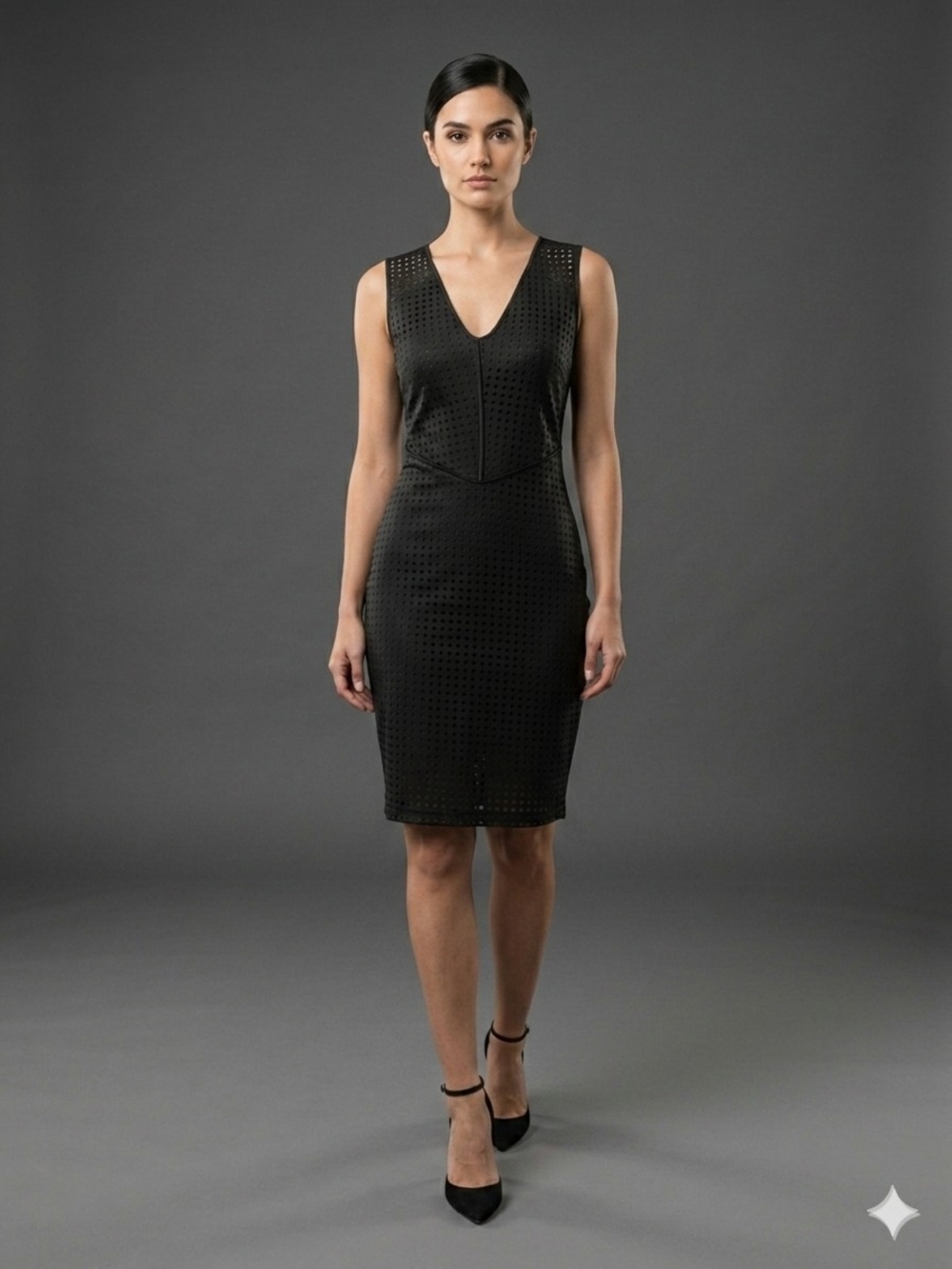 Guess Black Sleeveless V-Neck Perforated Midi Sheath Dress